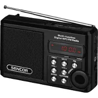 Sencor SRD 215 B Récepteur radio, tuner FM analogique, USB et emplacement pour carte mémoire avec support MP3, entrée audio, sortie casque, batterie intégrée (chargement par USB)