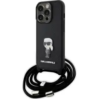 Karl Lagerfeld Étui iPhone 15 Pro Bandoulière Saffiano Noir