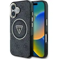 GUESS Case IML Metal Glitter 4G Circle Triangle MagSafe for iPhone 16 black (Apple iPhone 16), Coque pour téléphone portable, Noir