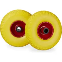 Relaxdays Kit de roues pour diable , anti-crevaison, pneus pleins 3.00-4, jante en acier, axe de 25 mm, charge maximale de 100 kg, dimensions 260 x 85 mm, jaune et rouge