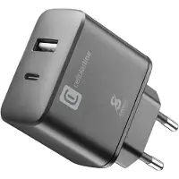 Cellularline Dual Super Fast Charger 25W Chargeur 2 ports USB et USB C avec technologie ultra rapide Noir