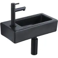 Qeramiq Fuente pack lave-mains – 37,5 x 18,5 x 9 cm – céramique noir mat – perçage à gauche – robinet noir mat SW1122451/SW696205/SW696215/SW696235