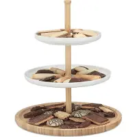 Relaxdays Présentoir À Gâteaux En Bambou 3 Étages Céramique Plat De Service Fruits Apéritif Dxh 30 X 36cm, Blanc-Nature -