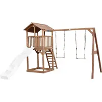 Axi Beach Tower Aire De Jeux Avec Toboggan En Blanc, 2 Balançoires & Bac À Sable | Grande Maison Enfant Extérieur En Marron | Cabane De Jeu En Bois