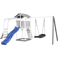 Axi Beach Tower Aire De Jeux Blanc Avec Toboggan En Bleu, Cadre D'Escalade, Balançoire Nid D'Oiseau & Bac À Sable Noir | Grande Maison Enfant