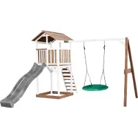 Axi Beach Tower Aire De Jeux Avec Toboggan En Gris, Balançoire Nid D'Oiseau Vert & Bac À Sable | Grande Maison Enfant Extérieur En Marron & Blanc |