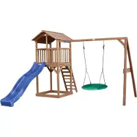 Axi Beach Tower Aire De Jeux Avec Toboggan En Bleu, Balançoire Nid D'Oiseau Vert & Bac À Sable | Grande Maison Enfant Extérieur En Marron | Cabane
