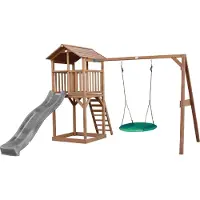 Axi Beach Tower Aire De Jeux Avec Toboggan En Gris, Balançoire Nid D'Oiseau Vert & Bac À Sable | Grande Maison Enfant Extérieur En Marron | Cabane