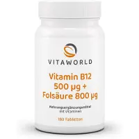Vitaworld Vitamine B12 500 µg + acide folique 800 µg | 180 comprimés | hautement dosés | fabriqués en Allemagne | végétaliens