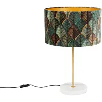 QAZQA Lampe de table en laiton avec abat-jour en velours, motif feuilles et intérieur doré - Kaso