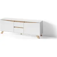 ByLiving Meuble TV Valentin de , meuble bas de 160 cm de large, meuble TV blanc mat, insert aspect chêne