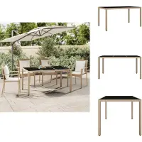vidaXL Table de jardin avec plateau en verre Beige Poly Rotin & verre trempé - Tables de jardin