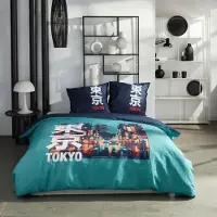 TODAY Parure de lit - - JAVA - Lit double - 240 x 220 cm - Coton - Imprimé Tokyo - Couleur turquoise