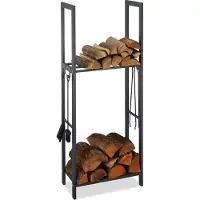 Relaxdays Étagère à bois avec 2 tablettes, en acier, 4 crochets pour les accessoires de cheminée, étagère à bois HBT 150 x 60 x 30 cm, anthracite
