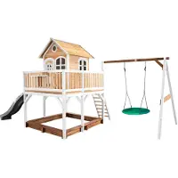 Axi Liam Maison Enfant Avec Bac À Sable, Balançoire Nid D'Oiseau Vert & Toboggan Gris | Aire De Jeux Pour L'Extérieur En Marron & Blanc | Maisonnette