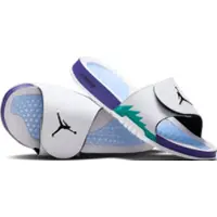 Jordan Hydro 5 Retro Slide, couleur blanche, avec détails vert émeraude, violet "Grape" et noir - Taille EU 40