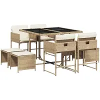 The Living Store 9 pcs. salon de jardin avec coussins beige poly rotin