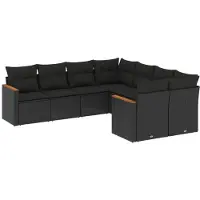 The Living Store Ensemble de jardin canapé 8 pièces avec coussins Noir Poly Rattan