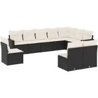 The Living Store 10 pcs. salon de jardin avec coussins noir poly rotin
