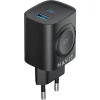 Havit UC132 EU - Chargeur GaN 22 W à double port avec option de charge sans fil, noir