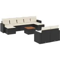 The Living Store 10 pcs. salon de jardin avec coussins noir poly rotin