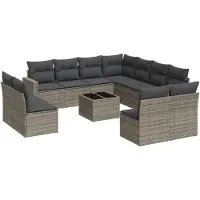 The Living Store 12 pcs. salon de jardin avec coussins Gris Poly Rattan