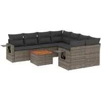 The Living Store 9 pcs. salon de jardin avec coussins Gris Poly Rattan