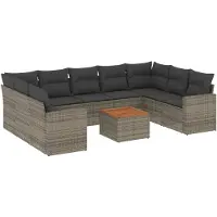 The Living Store 10 pcs. salon de jardin avec coussins Gris Poly Rattan