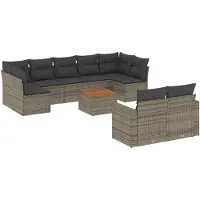 The Living Store 10 pcs. salon de jardin avec coussins Gris Poly Rattan