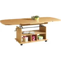 Hela Table basse avec fonction, table de salon Babsi -Reproduction hêtre - hauteur réglable et extensible - pieds à roulettes - grand plateau - 107x157x67cm