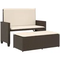 The Living Store Banc de jardin avec coussin et tabouret Marron Poly Rattan