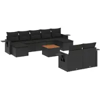The Living Store 10 pcs. salon de jardin avec coussins noir poly rotin