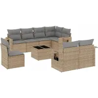vidaXL Ensemble de salon de jardin 9 pièces avec coussins beige Poly rotin