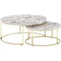 Wohnling Table basse 2 pièces Blanc Or Aspect marbre Table de salon Ronde Moderne