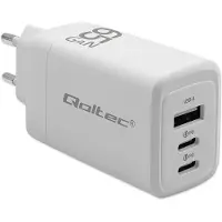 Qoltec Chargeur mural GaN 65W Blanc (65 W, 3 ports), Chargeur USB, Blanc
