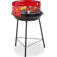 Relaxdays Barbecue au charbon de bois , Ø 37 cm, trépied, barbecue de pique-nique pour le jardin et le parc, barbecue avec pare-vent, barbecue rond, noir/rouge
