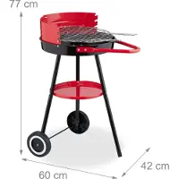 Relaxdays Barbecue au charbon de bois avec roulettes, Ø 42 cm, barbecue de pique-nique pour le jardin et le parc, barbecue, pare-vent, barbecue rond, noir/rouge