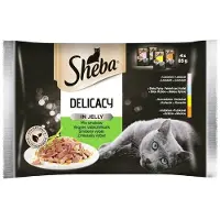 Sheba Delicacy Fine Flakes Choice of flavours sachets 52x85g aliment complet humide pour chats adultes en morceaux gélifiés avec : saumon, poisson blanc, poulet, dinde