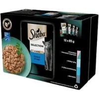 Sheba Selection Fish Flavours sachets 48x85g nourriture complète humide pour chats adultes en morceaux en sauce avec saumon et morue noire, poisson blanc, poisson de mer, morue
