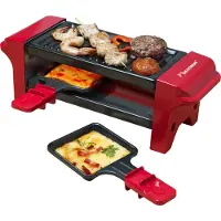 Bestron Raclette pour 1 à 2 personnes, mini gril de table avec deux poêlons et deux raclettes en bois, 350 watts, couleur : rouge
