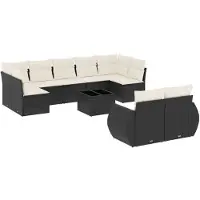 The Living Store 10 pcs. salon de jardin avec coussins noir poly rotin