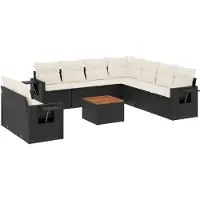 The Living Store 10 pcs. salon de jardin avec coussins noir poly rotin
