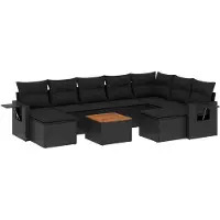 The Living Store 10 pcs. salon de jardin avec coussins noir poly rotin