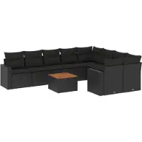 The Living Store 10 pcs. salon de jardin avec coussins noir poly rotin