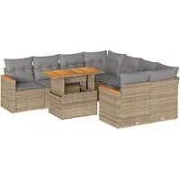 vidaXL Ensemble de salon de jardin 9 pièces avec coussins Beige Poly rotin Acacia