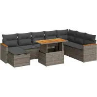 vidaXL Ensemble de salon de jardin 9 pièces avec coussins Gris Poly rotin Acacia