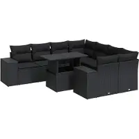 vidaXL Ensemble de salon de jardin 9 pièces avec coussins noir poly rotin