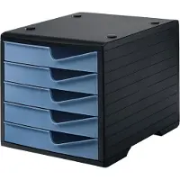 Styro Box à tiroirs styroswing, 5 tiroirs, blocage de l'extraction &amp; poignée encastrée, empilable, L 270 x P 340 x H 255 mm, polystyrène, noir-bleu pigeon