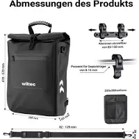 Wiltec Sacoche sac à dos étanche pour porte-bagages noire – capacité de 25 L – en 500D PVC – avec compartiment pour ordinateur portable – pour vélos et vélos électriques – Sac de bicyclette – Cyclisme