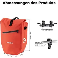Wiltec Sacoche étanche pour porte-bagages rouge – capacité de 28 L – en 500D PVC – avec poignée, bandoulière et réflecteur – pour vélos et vélos électriques – Sac de bicyclette – Cyclisme